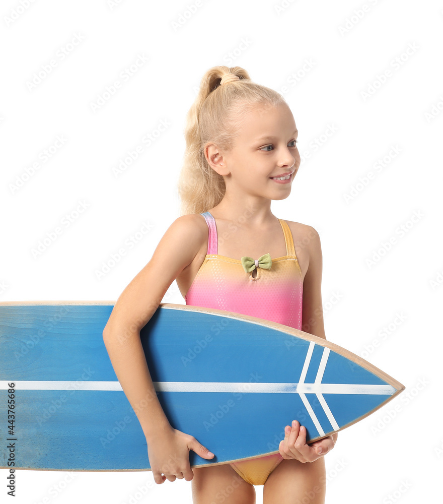 Wall mural cute little girl with surfboard on white background