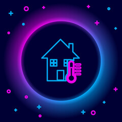 Glowing neon line House temperature icon isolated on black background. Thermometer icon. Colorful outline concept. Vector