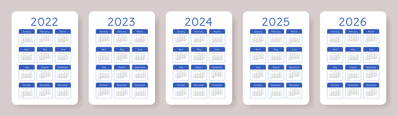 Calendar 2022, 2023, 2024, 2025 and 2026. English blue vector pocket calender design template