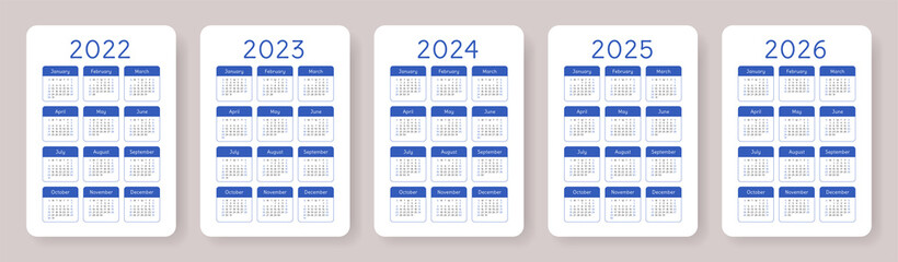 Calendar 2022, 2023, 2024, 2025 and 2026. English blue vector pocket calender design template