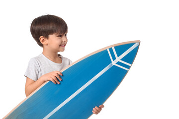 Cute little boy with surfboard on white background