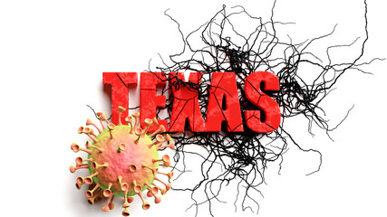 Degradation and texas during covid pandemic, pictured as declining phrase texas and a corona virus to symbolize current problems caused by epidemic, 3d illustration