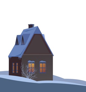 recommend clip art: Rural small house in winter. Christmas night. Quiet winter evening. Isolated. Gable roof is covered with snow. Nice and cozy suburban village. Flat cartoon style. Vector art