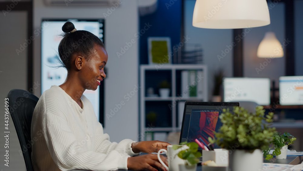 Poster black freelancer game developer typing on keyboard developing new level of videogame. african pro pl