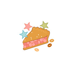 Piece of cake. Berry pie. Sweet pastries. Stars. Coffee beans. Isolated vector object on white background. Cartoon art.