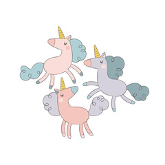 Obraz na płótnie Canvas Three cute cartoon unicorns. Poster. Magical animals. 