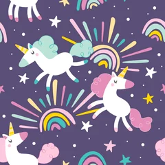 Foto op Plexiglas Cute unicorns. Cartoon magic animals. Rainbow, stars, hearts. Seamless vector pattern (background). Cartoon print.  © ewanew2110stock