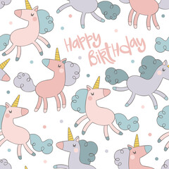 Happy Birthday. Lettering. Magical animals - cute unicorns. Cartoon print. Seamless vector pattern (background). Colored dots. 
