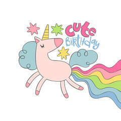 Cute Birthday. Cute unicorn. Stars, hearts. Cute greeting card. Isolated vector object on white background. Cartoon art. 