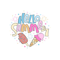 Hello summer. Ice cream. Lettering poster. Cartoon drawing. Colored dots. Isolated vector object on white background. 