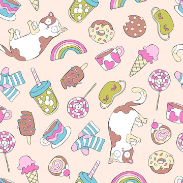 Fun Cartoon Print. Crazy Cat, Rainbow, Ice Cream, Cocktail, Tea Mug, Coffee Cup, Sweet Pastries, Socks, Sleep Mask. Seamless Vector Pattern (background). 