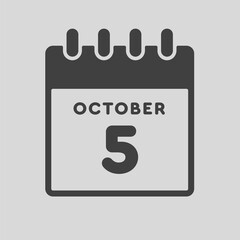 Icon day date 5 October, template calendar page