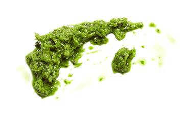 Smear of tasty pesto sauce on white background