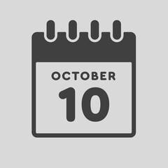 Icon day date 10 October, template calendar page