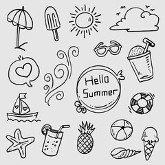 Set doodle summer, umbrella, ice cream, sand bucket, pineapple, juice, shells, sun, clouds, boat, wind and many more.