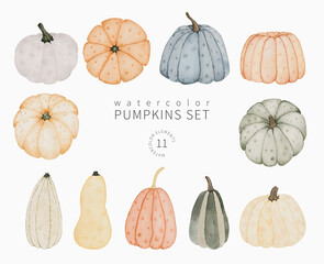 Watercolor autumn pumpkins set. Hand drawn fall food illustration isolated on white. Perfect for greeting card, invitation, stickers and other.