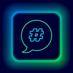 Glowing neon line Hashtag speech bubble icon isolated on black background. Concept of number sign, social media marketing, micro blogging. Colorful outline concept. Vector