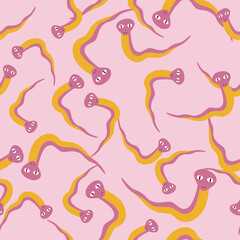 Reptilian seamless animal nature pattern with random orange snakes print. Light pink background.