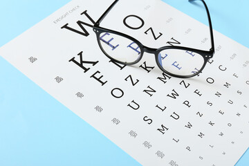 Stylish eyeglasses with eye test chart on color background