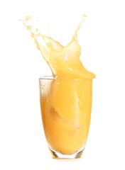 Glass of fresh orange juice with splash on white background