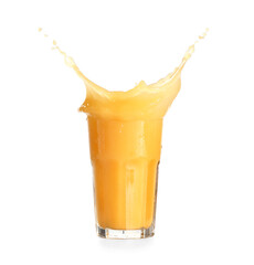 Naklejka na ściany i meble Glass of fresh orange juice with splash on white background