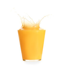 Naklejka na ściany i meble Glass of fresh orange juice with splash on white background
