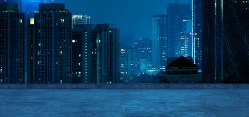 Panoramic view of empty concrete floor of rooftop with city skyline