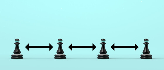 Social distancing concept with chess pieces wearing surgical masks. 3d illustration.