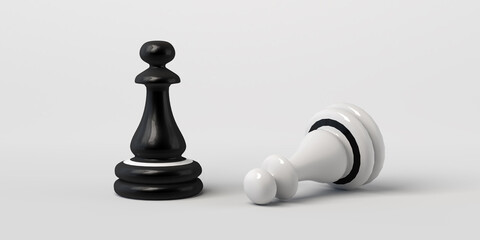 Black chess Pawn wins white. Isolated on white. Banner. 3d illustration.