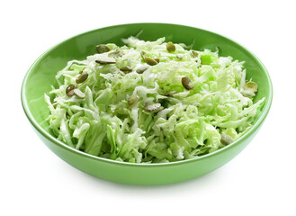 Plate with tasty cabbage salad on white background
