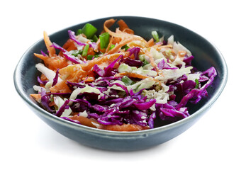 Plate with tasty cabbage salad on white background