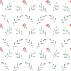 Vector illustration, seamless pattern with leaves, twigs, flowers in green, red on a white background