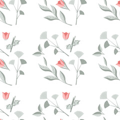 Vector illustration, seamless pattern with leaves, twigs, flowers in green, red on a white background
