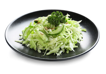 Plate with tasty cabbage salad on white background