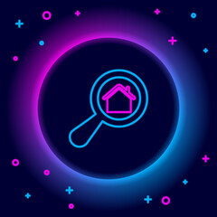 Glowing neon line Search house icon isolated on black background. Real estate symbol of a house under magnifying glass. Colorful outline concept. Vector