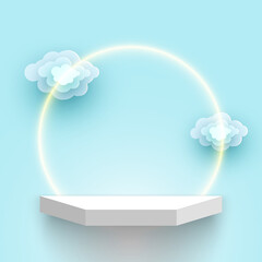 White exhibition stand with clouds. Products display platform. Blank pedestal. Shelf. Vector illustration.