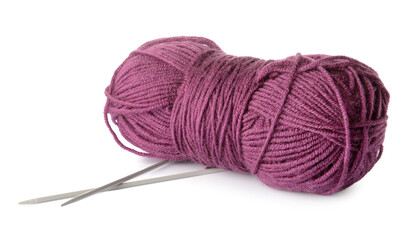 Knitting yarn and needles on white background