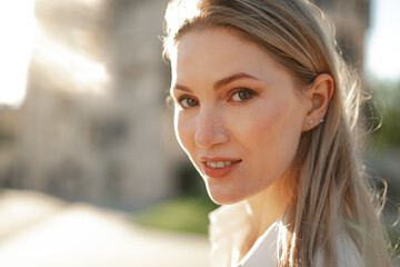 Close up portrait of young businesswoman outdoors