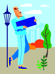 Vector Indie people. Easter Island idol awaits a miracle in the park