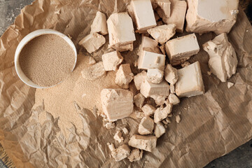 Fresh and dry yeast on table