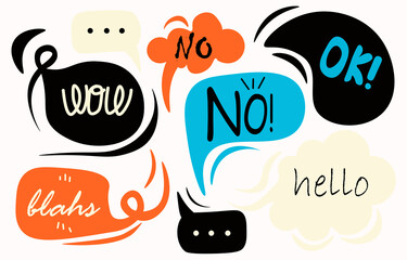 Various speech bubbles with words.