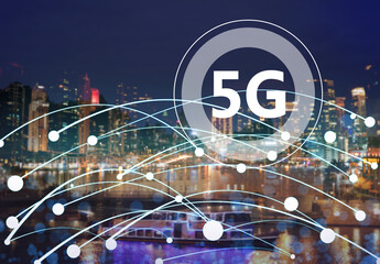Fototapeta premium 5G network wireless system. Beautiful cityscape and network connection lines