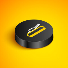 Isometric line Military tank icon isolated on yellow background. Black circle button. Vector