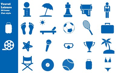 Vacances, voyages et loisirs en 20 icônes bleus, collection