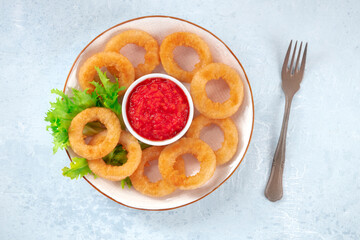 Calamari rings plate. Deep fried squid rings with ketchup and green salad leaves, shot from the top