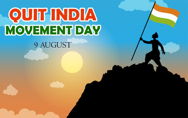 Vector illustration, people with silhouette concept carrying Indian flag to the top of mountain, suitable for background, banners and posters India Out Movement Day is celebrated every 9th August.