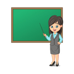 Young female teacher with blackboard and pointing stick
