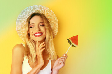 Pretty young woman with juicy watermelon on color background. Summer party