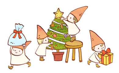 Obraz premium クリスマスの準備をする小人のイラスト