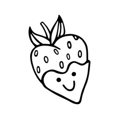 Cartoon strawberries in chocolate, with a smiling cute face. Hand-drawn doodles of a vector illustration, black outlines isolated on a white background. For celebrate Valentine's Day, concept of love.